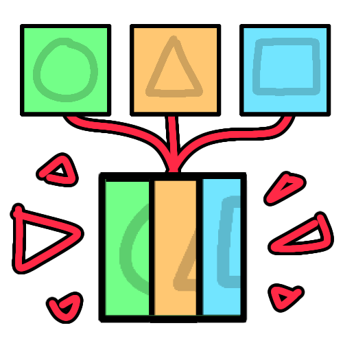 Three square blocks representing words: A green one with a circle inside, an orange one with a triangle inside, and a blue one with a rectangle inside. Red lines go from these and merge into another block made of pieces taken from the leftmost side of each other block, representing an acronym. Red triangles emphasize it.